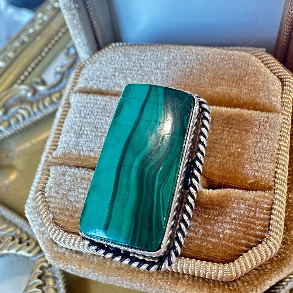 Malachite Sterling Silver Ring 6 Rectangle - Picture 4 of 5